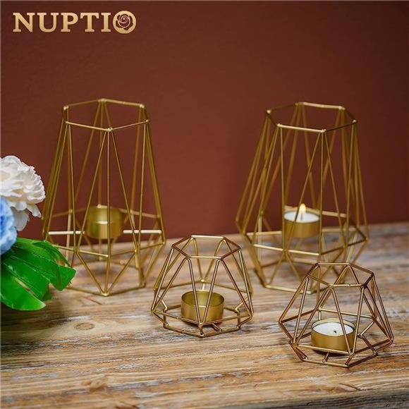 2 Pcs Metal Hexagon Shaped Geometric Design Tea Light Votive Candle Holders - Picture 3 of 6